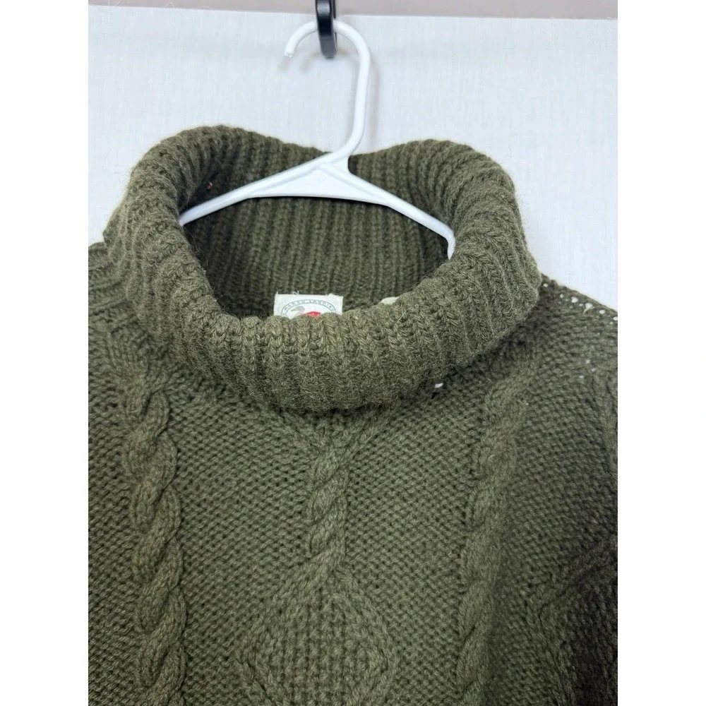 VTG Hand Knit Shetland Wool Cable Knit Turtleneck Sweater Womens M‎ Green Chunky